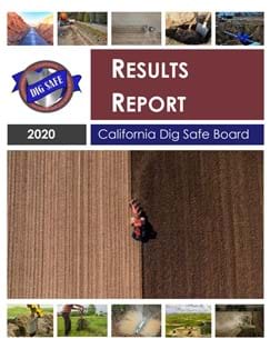 2020 Dig Safe Board Results Report. Cover image shows a tractor tilling a field and other excavation images.